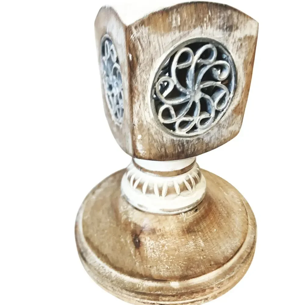 Pier 1 Hand-Carved Wood Candle Holders: Whitewashed Boho Decor